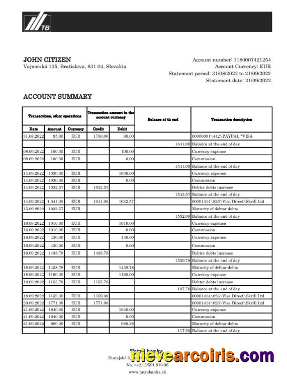 Slovakia Tatra bank statement xls VERSION 2